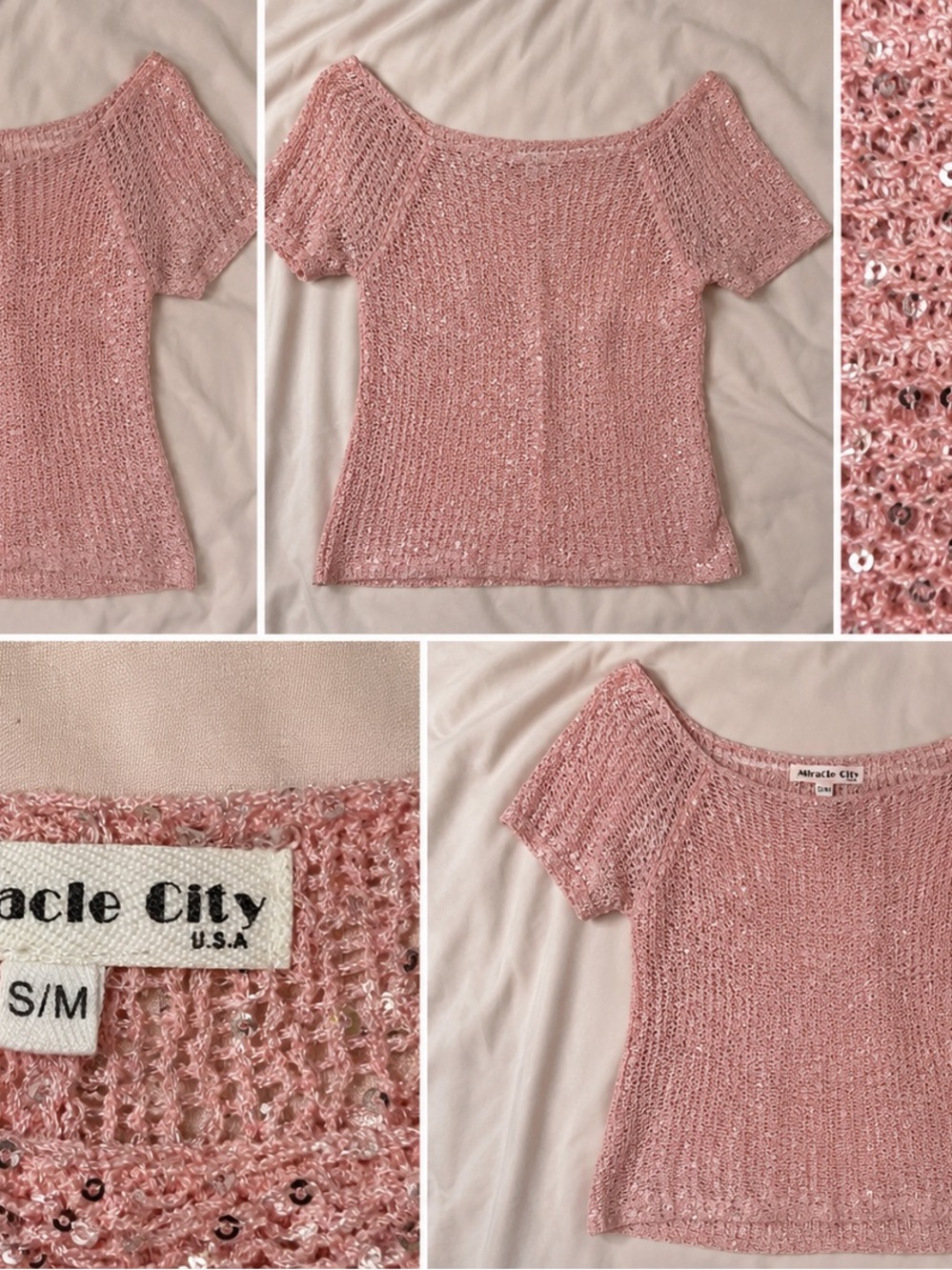 Miracle City Pink Sequin Knit Short Sleeve Top